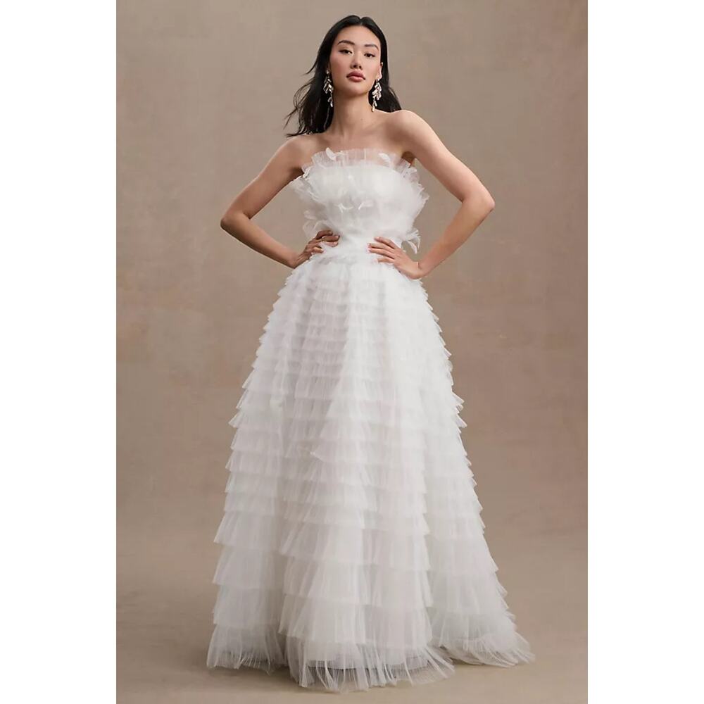 Mac Duggal Kylie Strapless Ruffle Wedding Gown White Feathers 20530 Size 12 NWT